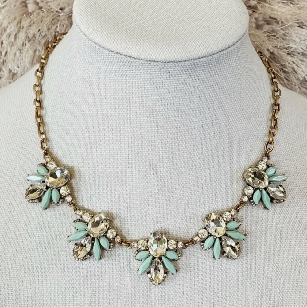 J Crew Statement Gold Tone Floral Green Multi Stone Necklace Choker Rhinestones